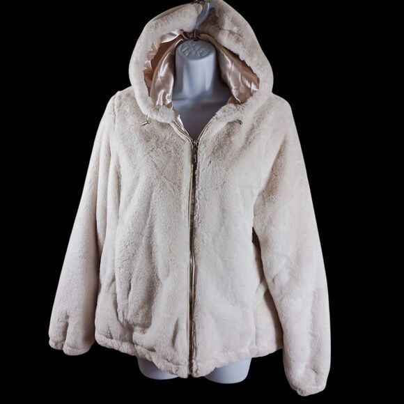 JouJou Women's M Cream Faux Fur Zip Hoodie Jacket Satin Lined Cozy Winter Coat - Picture 2 of 10